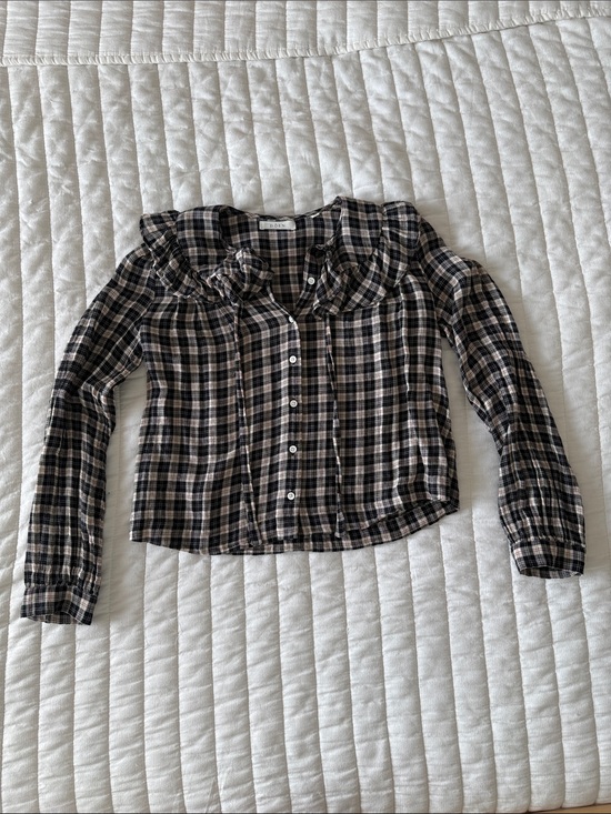 Doen Tops - Doen Black & Cream Plaid Ruffle Collar Button-Down Top